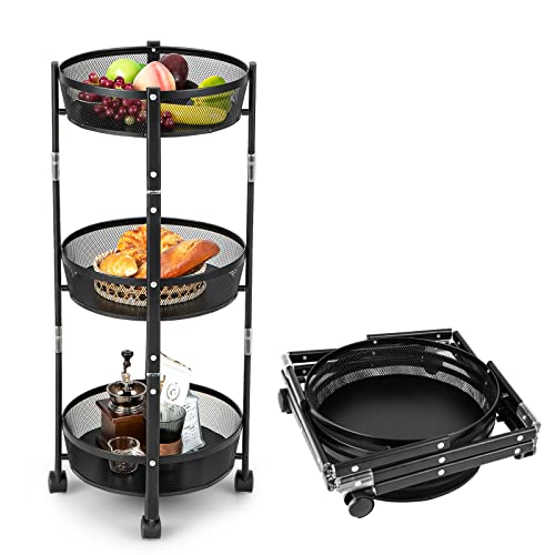 Goflame 3-Tier Foldable Storage Cart, Rolling Fruit Vegetable Basket Stand With 3 Metal Mesh Baskets, Kitchen Rolling Storage Basket On Wheels For Pantry, Dining Room, Living Room, Round #TOP28