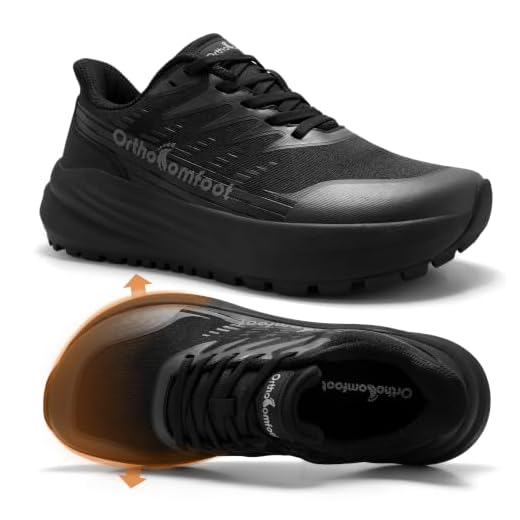 OrthoComfoot Men's Orthopedic Wide Trail Running Shoes, Orthotic High Arch Support Shoes, Comfort Daily Working Trekking Camping Casual Shoes Black Size 9.5