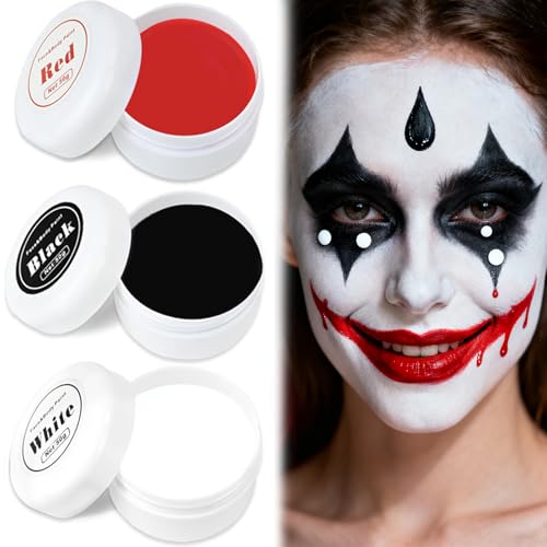 Halloween Face Paint - Face Painting Kit - 50g*3 Halloween Makeup Red, Black and White Face Paint Cream - Multi-use Body Paint Kit with 2 Brushes for Kids & Adults for Cosplay Skull Clown Party