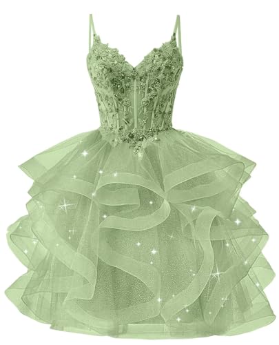 Glitter Tulle Homecoming Dresses 2025 Tiered Ruffles Lace Short Prom Dress for Teens Quinceanera Dress