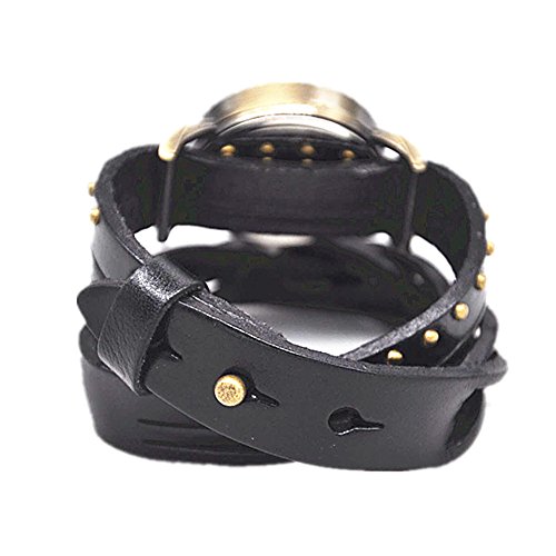 Minilujia Roman Number Dial 2 Around Wrap Women Watches With Vintage Bronze Rivet Leather Strap Black #TOP5