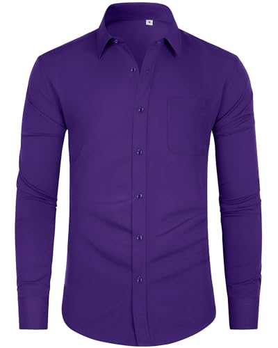 J.VER Shirts for Men Adult Purple 4-Way Stretch Formal Dress Business Long Sleeve Smart Casual Work Fashion Button Down Shirt M