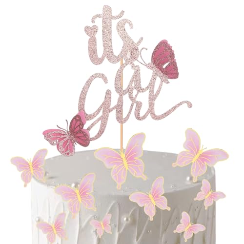ALISSAR New Double Sided Rose Gold Butterfly Baby Shower Cake Topper Set, It's A Girl Cake Topper and 16 Pieces Pink Butterflies Cupcake Toppers for Baby Girl Baby Shower Party Decorations