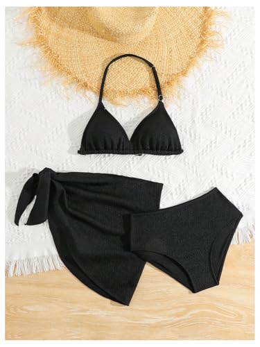 Image of SHENHE Girl's 3 Pieces Halter Triangle Bikini Sets Spaghetti Strap Swimsuit Smocked Bathing Suit with Beach Skirt