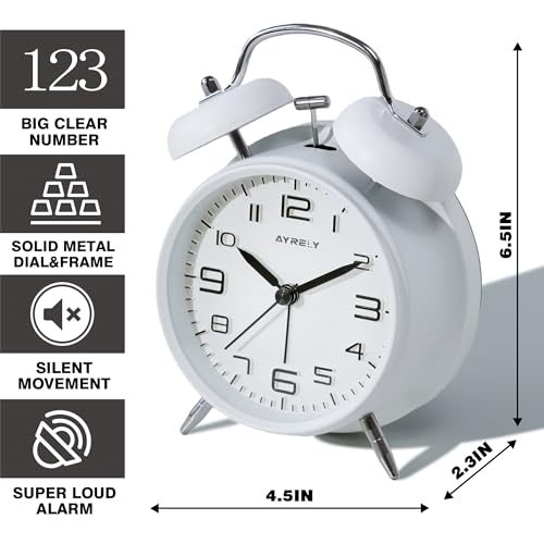 Image of AYRELY Super Loud Alarm Clock for Heavy Sleepers Adults, Metal 4.5 Inches | Twin Bell Retro, Silent Non-Ticking Quartz with Backlight, 3D Raised Number Dial, Alarm Clocks for Bedrooms and Bedside