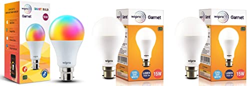 Image of wipro NS9400 9-Watt B22 WiFi Smart LED Bulb & 15W B22 LED Cool Day Light Bulb, Pack of 2 (Garnet)