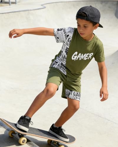 Image of OLMRJKD Boys 2 Piece Outfits Short Sleeve Colorblock T-shirt and Shorts Summer Casual Clothes for 6-12 Years