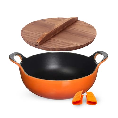 Image of Enamel Coated 24cms Cast Iron Pan with Wooden Lid Induction Friendly Heavy Duty Cookware