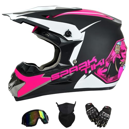 Youth Kids Dirt Bike Motocross Helmet (Goggles Gloves Face Mask) 4PCS Set, DOT Approved Girls Full Face Motorcycle Helmets, ATV BMX MX Mountain Bike Off Road Kid Helmet (Pink, XL)