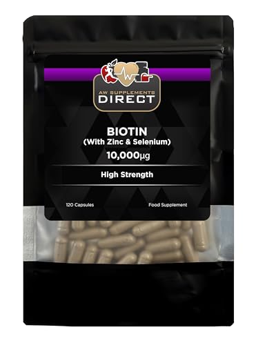 AW Biotin | 120 High Strength Biotin Supplements - 10,000µg per Capsule with Zinc 10mg & Selenium 55µg | Skin Hair and Nail Vitamins | Non-GMO & Allergen Free | Made in The UK