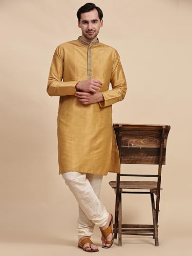 Image of SKAVIJ Men's Art Silk Embroidered Kurta Pajama Set Thread Work Ethnic Motifs Festive Party Dress