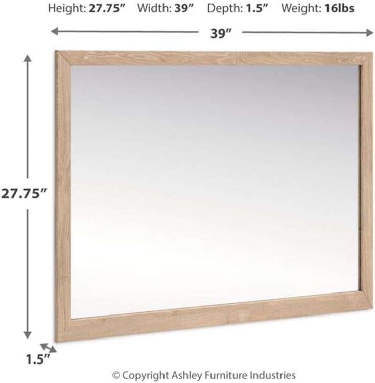 Bowery Hill Modern Bedroom Mirror, 39"W x 2"D x 28"H, Engineered Wood and Glass, Tan Finish, Oak Grain Texture, Dresser or Wall Mounted, Vertical or Horizontal Hanging, Clean-Lined Contemporary Style