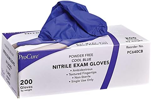 ProCure Disposable Nitrile Gloves Medium, 200 Count - Powder Free, Rubber Latex Free, Medical Exam Grade, Non Sterile, Ambidextrous - Soft with Textured Tips - Cool Blue