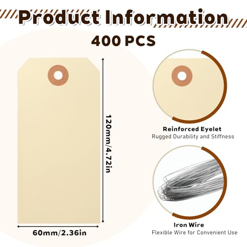 Oqqlin 400 Pcs Blank Shipping Tags with Wire, 4.72 x 2.36 Inch Manila Label Hang Tags with Reinforced Hole Writable Paper Price Tag for Clothing, Crafts, Jewelry, Gifts - Thumbnail 2