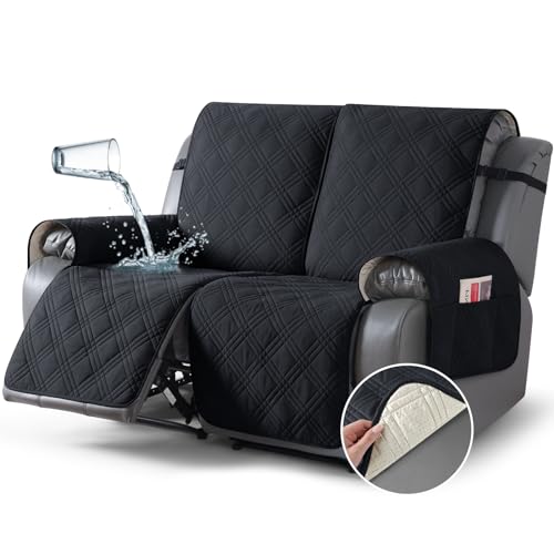 Image of TAOCOCO 100% Waterproof Loveseat Recliner Cover, Non Slip Split Loveseat Covers for Reclining Loveseat with Elastic Straps, Washable Recliner Chair /Furniture Protector for Kids Pets(2 Seater, Black)
