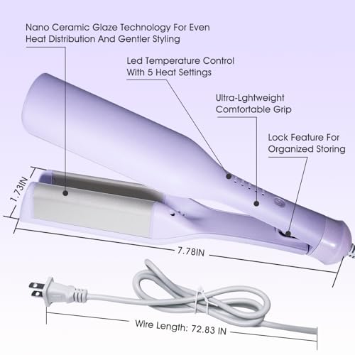 Image of Beach Wave Curling Iron Deep Waver Hair Tool, Mermaid Hair Waver for Women Crimper, Anti-Scald, Dual Voltage, 1.4 Inch Ceramic Double Barrel Wavy Curling Iron, Purple