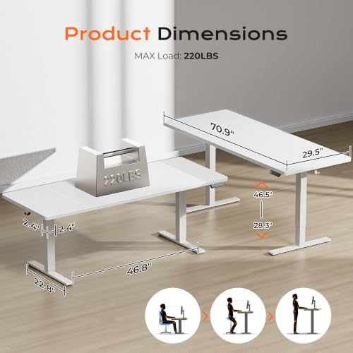 Image of Huuger 71 x 30 Large Electric Standing Desk, Height Adjustable Computer Desk, 29.5 inch Deep Desktop, Stand up Gaming Office Table with 2 Hooks, 3 Preset Heights, for Home Office, White