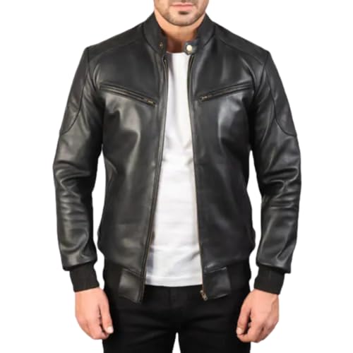 Classic Black Leather Bomber Jacket, Zip Front, Stand Collar, Ribbed Trim, Casual Style, Motorcycle Streetwear3