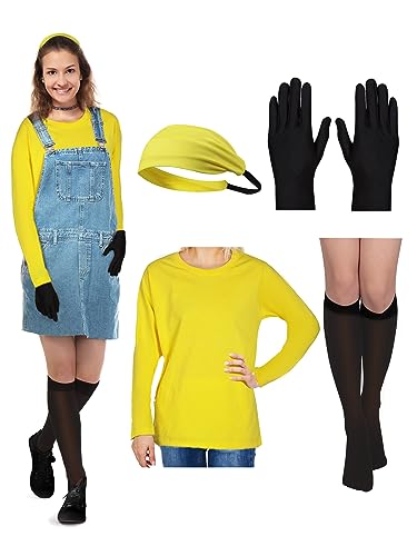 Janmercy 4 Pcs Women's Halloween Cosplay Costume Set Yellow Shirt Headband Knee High Socks for Halloween Party (M)