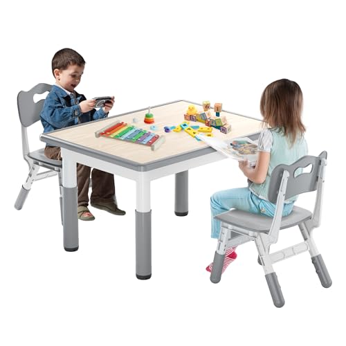 FIVMEN Mesa infantil con 2 sillas, mesa y sillas para niños, altura regulable, 3 piezas, grupo de asientos infantiles de plástico, mesa de juegos, escritorio para niños a partir de 2 años, 80 x 60 cm