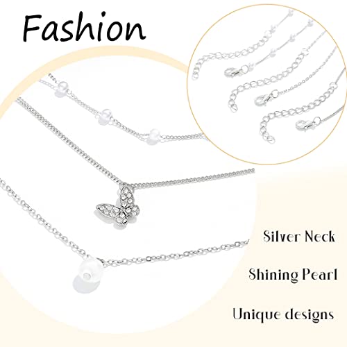 Boho Pearl Layered Necklace Silver Flower Pendant Chains Bohemia Multilayer Beads Adjustable Necklaces Jewelry For Women & Girls, One Size #TOP3