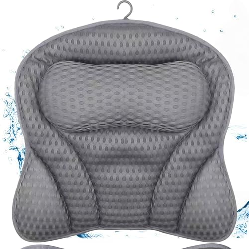Badewannenkissen Nacken,Badekissen für Badewanne,4D Mesh Kissen für Badewanne mit 6 Saugnäpfen,Badekissen mit Ergonomischer Passform,Stützt Kopf,Nacken,Schultern,Rücken,für Home,Spa,Grau