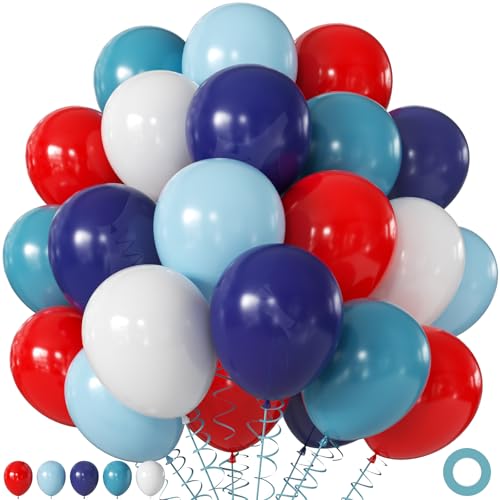 Red Blue White Balloons 60Pcs 12 Inch Red Navy Light Blue Dusty Blue White Balloons for Baseball Birthday Party Baby Shower 4th of July Decorations