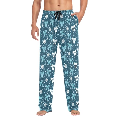Mens Cotton Pajama Pants Sleep Lounge Pj Bottoms Sleepwear with Pockets Drawstring S White Blue Bow Snowflakes
