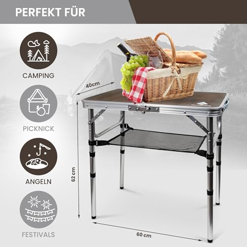 ALPINEZ 60x40 Campingtisch klappbar höhenverstellbar | Beistelltisch Outdoor Klapptisch Camping Tisch klein | Balkon Grilltisch Picknicktisch | Kompakt & Leicht