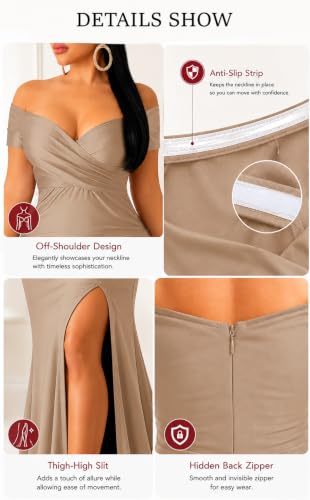 Image of Fooullaide Women Sexy Off Shoulder Elegant V Neck Wrap Formal Evening Gowns | Bodycon, Floor Length, High Split Mermaid Maxi Dress, Stretchy, Prom, Wedding Guest, Cocktail Bridesmaid Wear