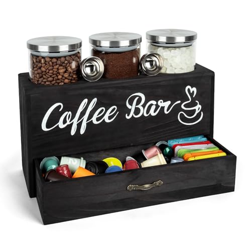 Guolich Barattolo Caffè Ermetico, 1250ML Set di 3 Barattoli Vetro Ermetici, Porta Tisane in Pineta con 1 Cassetto e 2 Misurini per Organizzare Capsule,Cialde,Tisane, Zucchero, Cannucce