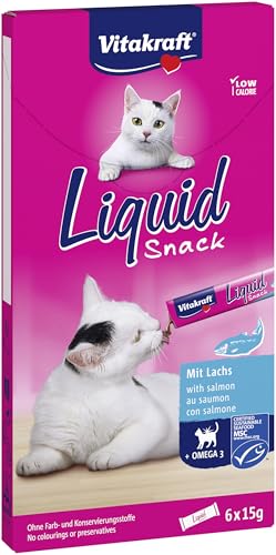 Vitakraft Liquid Snack, Snack cremoso para Gatos, con salmón y ácidos grasos Omega 3, en bolsitas Individuales, para una Piel Sana (1 Paquete de 6X 15g)
