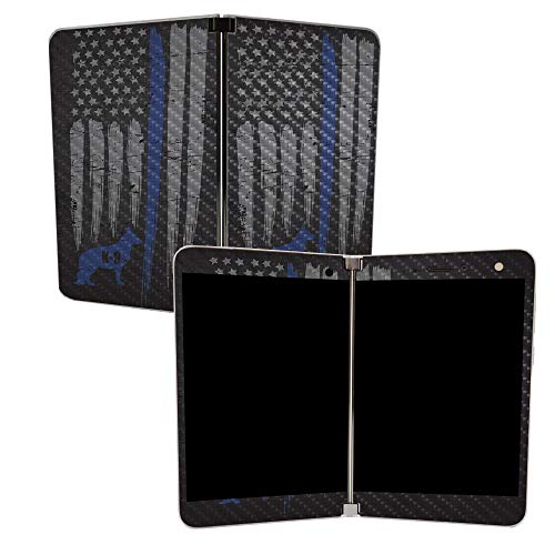 Image of MightySkins Carbon Fiber Skin for Microsoft Surface Duo - Thin Blue Line K9 | Protective, Durable Textured Carbon Fiber Finish | Easy to Apply | Made in The USA, CF-MISURDUO-Thin Blue Line K9