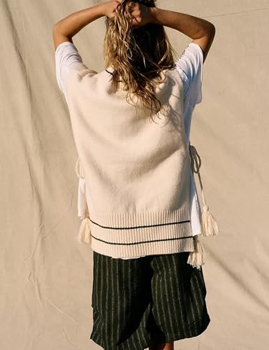 Image of Women's V Neck Sweater Vest Loose Knit Sleeveless Poncho Side Binding Fringe Pullover Tank Tops