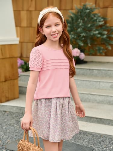 Image of Haloumoning Girls Short Sleeve T Shirts Kids Summer Lace Crewneck Tops Fashion Pleated Tees 5-14 Years