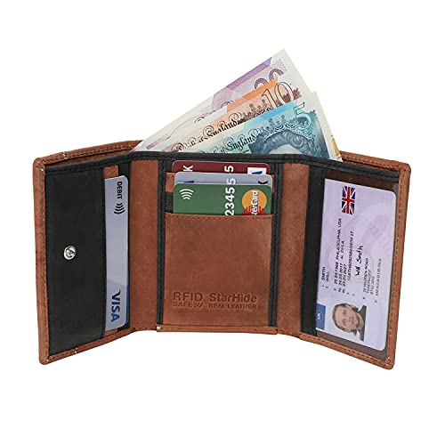 RFID BLOCKING Men's Trifold Distressed Hunter Leather & Canvas Wallet Brown Blue 8053