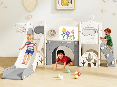 11-in-1 Toddler Slide Playset,Indoor Playground for Kids 1-3 and Toddler Outdoor playset with Golf Set Drawing Set Basketball Hoop, Playground Easy Assembly Bear Theme
