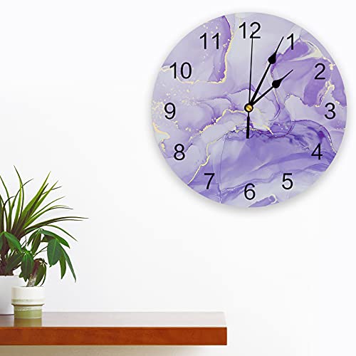 Wall Clock Purple Marble Battery Operated Clocks Pvc Silent Non-Ticking Wallclock 12 Inch Ombre Purple Abstract Art Round Wall Clocks For Living Room Bedroom Kitchen Office School Bathroom Home Decor #TOP2