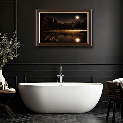 Image of Framed Vintage Moonlit Lake Canvas Wall Art, Misty Forest Night Landscape Canvas Prints Pictures, Dark Nature Wall Decor for Living Room Bedroom Farmhouse Home Aesthetic