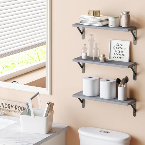 Image of YGEOMER 16.5 Inch Floating Shelves for Wall, Farmhouse Wall Shelves for Bedroom, Bathroom Storage, Living Room and Kitchen Decor (Set of 6 Grey)