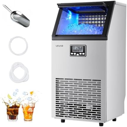 VEVOR Commercial Ice Maker Machine, 100 lbs/24h with 28Lbs Storage, 45 Cubes per Cycle, Stainless Steel Freestanding & Under Counter Ice Maker with LED Display & Self-Cleaning, for Home Bar Restaurant