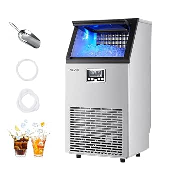 VEVOR Commercial Ice Maker Machine, 100 lbs/24h, 28 lbs Storage, Stainless Steel, Self-Cleaning, LED Display, for Home, Bar, Restaurant