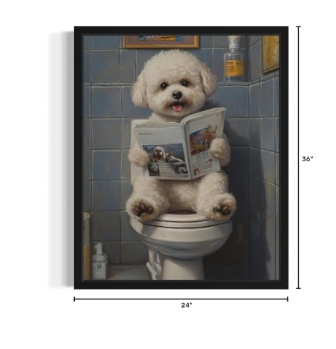 Image of Bichon Frise on Toilet UnFramed Wall Art Print Poster, Dog Bathroom Humor Decor Posters Prints for Restroom Home Picture Painting Artwork Gallery 7 (Bichon Frise, 24 x 36 inches, Unframed)