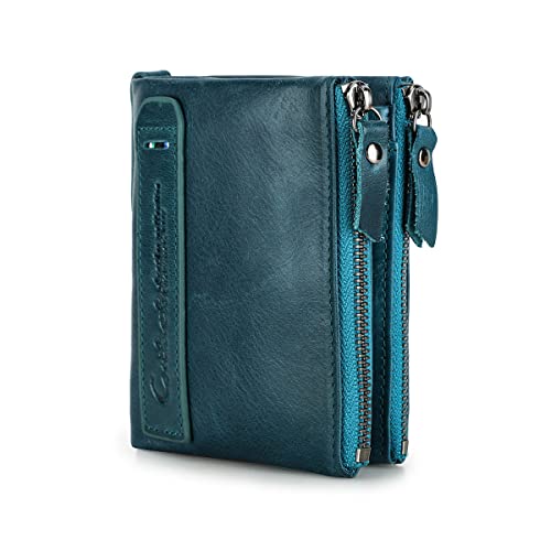 Image of CONTACTS Womens Bifold Wallet Leather Small Zipper Coin Purse for Women Fashion Card Holder with ID Window (Peacock Blue)