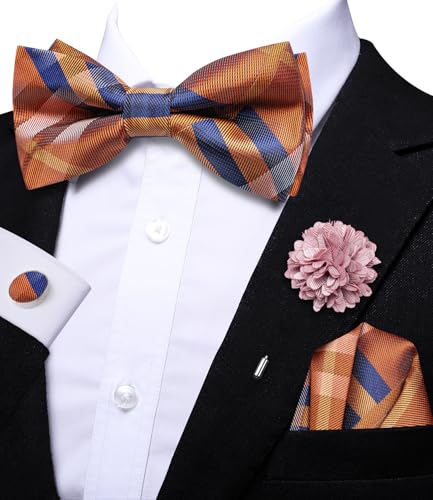 Image of Hi-Tie Bow Ties for Men Pre-Tied Pocket Square with Cufflinks Mens Bowtie Sets for Wedding Formal Party