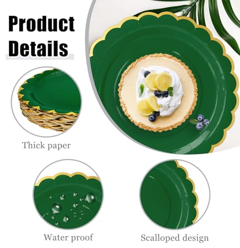 Image of HEIPINIUYE 50 Pieces Green Paper Plates with Gold Foil 9 Inch Disposable Green Scalloped Dinner Plates for Wedding Baby Shower Birthday Christmas Party Dessert Plate