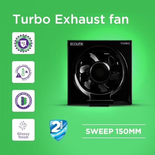 Image of EcoLink TURBO 150mm Exhaust Fan | High-Speed, Powerful Air Suction | Silent Operation | Energy Efficient | Durable Plastic Body | Suitable for Kitchen, Bathroom & Office | Black | Pack of 1