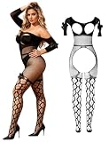 comeondear Bodystocking Netz für Damen Curvy Ouvert Dessous Fishnet Bodysuit Brustfrei Erotik Unterwäsche mit offenem Schritt Große Größen Transparente Strümpfe Reizwäsche Rave Schwarz D,L XXL
