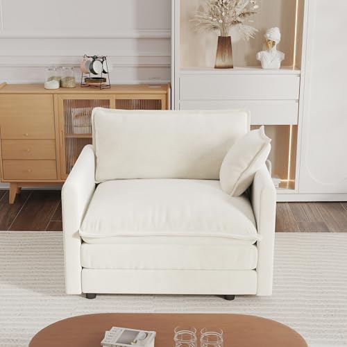 KEIKI 41" Oversized Chenille Modular Sectional Single Sofa with High-Density Foam Cushions, Upholstered Modern Style 1-Seater Lounge Accent Chair with 1 Pillow, for Apartment, Living Room, White