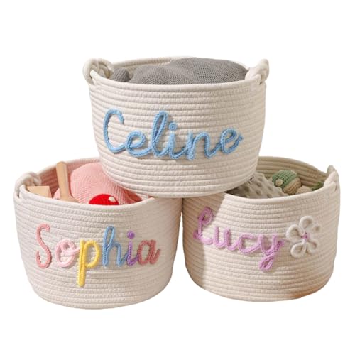 Macalpo Personalized Baby Name Basket Custom Easter Cotton Rope Diaper Caddy & Nursery Storage Organizer Bin for Baby Birthday Shower Gift, Newborn Essentials, Kids' Bedroom Bathroom Decor (Style A)